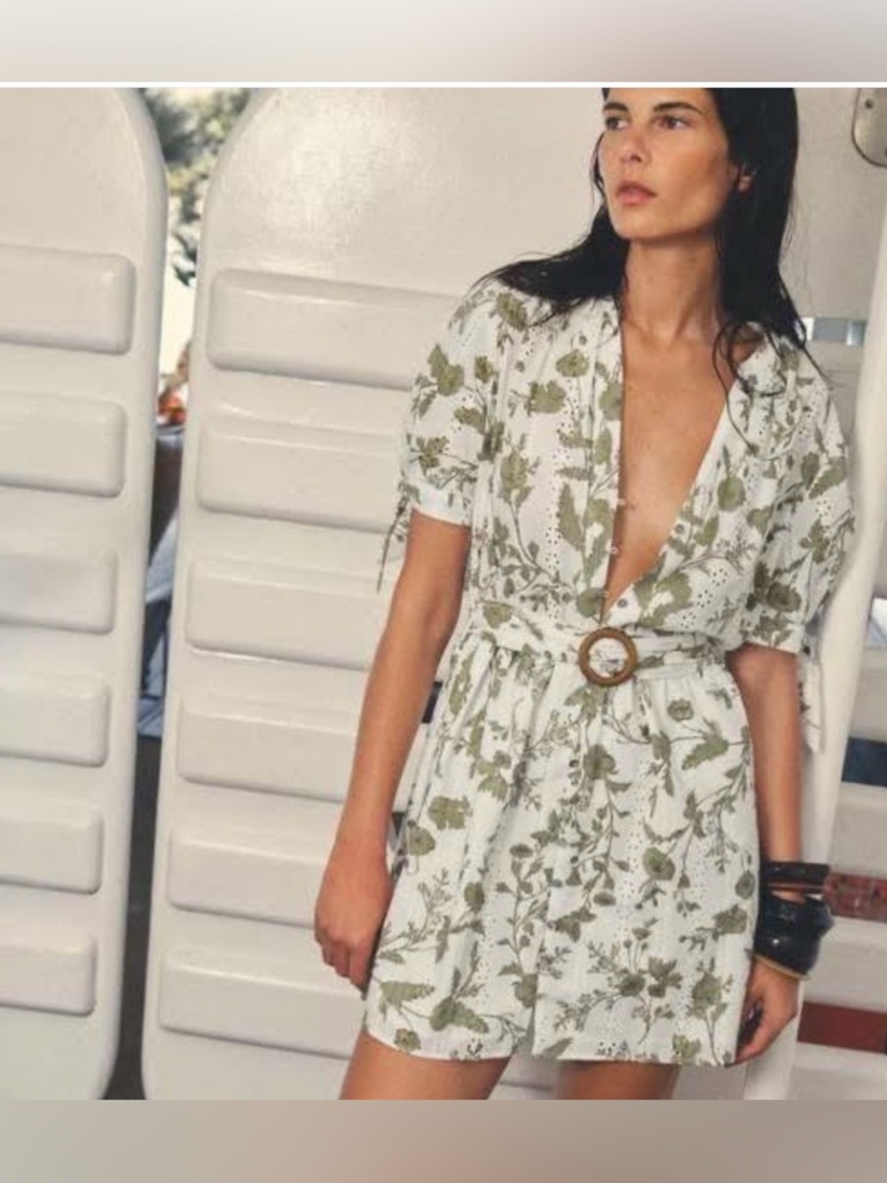 Zara White Mini Dress with Olive Floral Print and Ring Belt Size Small